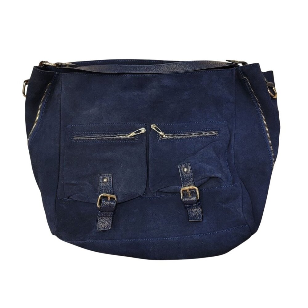 Navy Leather & Suede Tote Bag